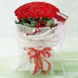 鲜花:99枝粉玫瑰，黄莺、勿忘我外围；粉色纱网外围，圆形包装