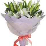 百合花:多头粉百合8枝，绿叶间插，手揉纸高档包装