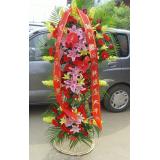 花篮:33枝粉玫瑰，满天星丰满，白色纱网，粉色蝴蝶结包扎