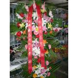 花篮:1枝多头香水百合，11枝粉玫瑰，绿叶间插；手柔纸扇形花束