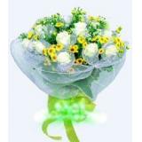 鲜花:红玫瑰22枝,外围适量黄莺，白色网纱,粉色丝带束扎