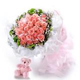 鲜花:36枝顶级粉玫瑰，黄莺适量搭配，紫纱围绕，外层深紫色手揉纸包装，紫色丝带束扎。