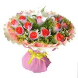 鲜花:粉多头香水百合6枝，单枝包装、草绿色棉纸圆形包装