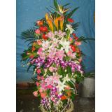 花篮:最中间6朵白玫瑰，外围6朵粉百合，10片绿掌外围在百合边，40枝黄菊花外围在百合边上，黄菊外围双层白百合，白百合外围小太阳花一圈，最外边用白菊花外围一圈，跳舞兰等最外围间插，直径1.2米以上