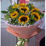 向日葵:红色玫瑰11枝,黄莺配叶,淡紫色卷边纸圆形包装