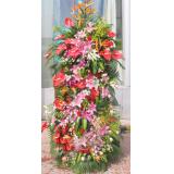 花篮:99枝粉玫瑰，黄莺、勿忘我外围；粉色纱网外围，圆形包装