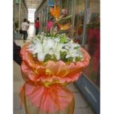 鲜花:12枝红玫瑰，1枝白色香水百合，点缀相思梅或米兰，白纱内衬，手揉纸圆型包装，红色节日丝带花结扎花。